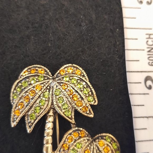 Twin 2 Crystal Palm Tree Pin Brooch Green & Topaz Color Crystals Pre-Owned - Picture 3 of 8